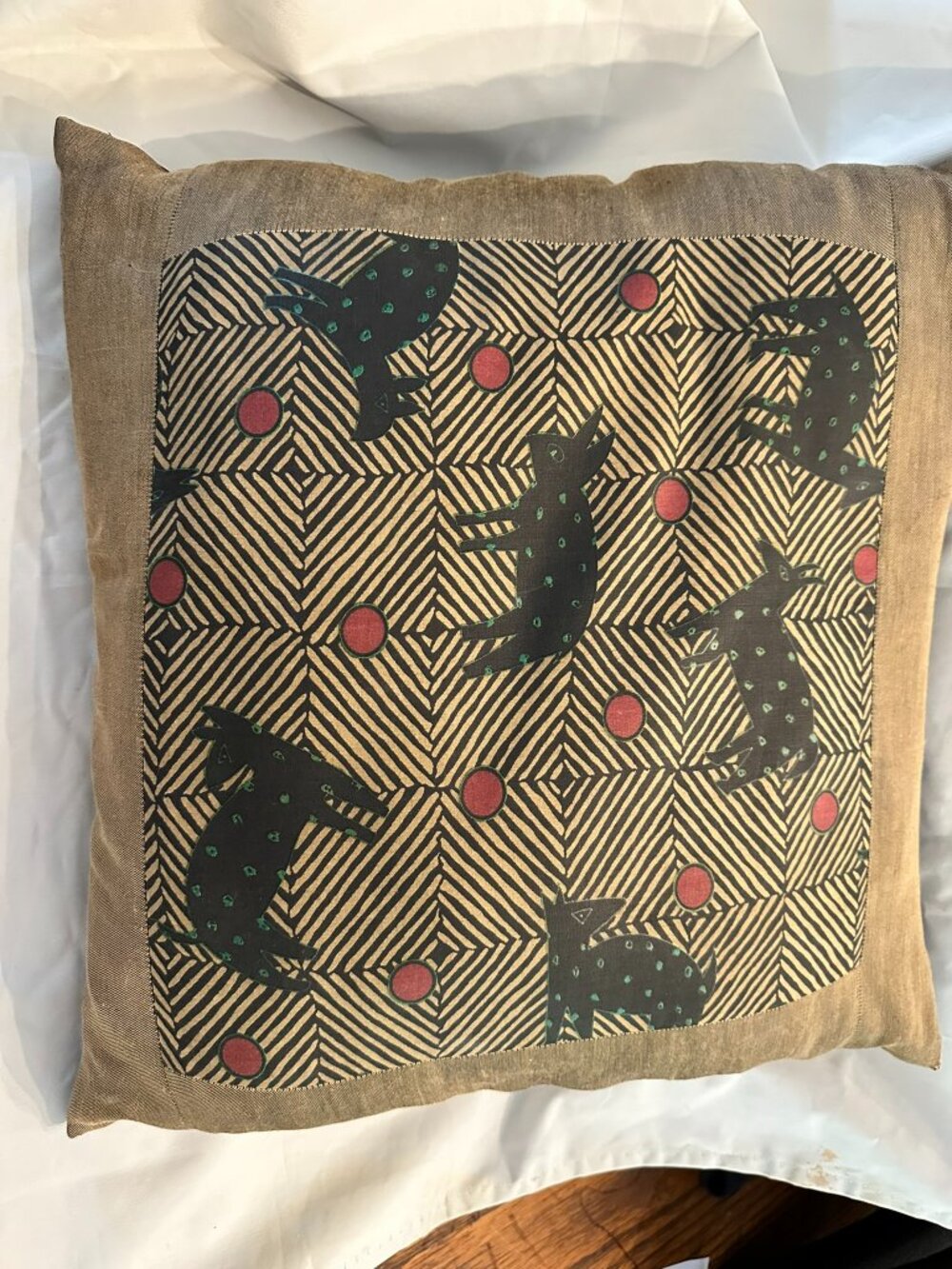Handcrafted Pillow Animal-Geometric motif Tan/Black Red-Green Accents16" x 18"